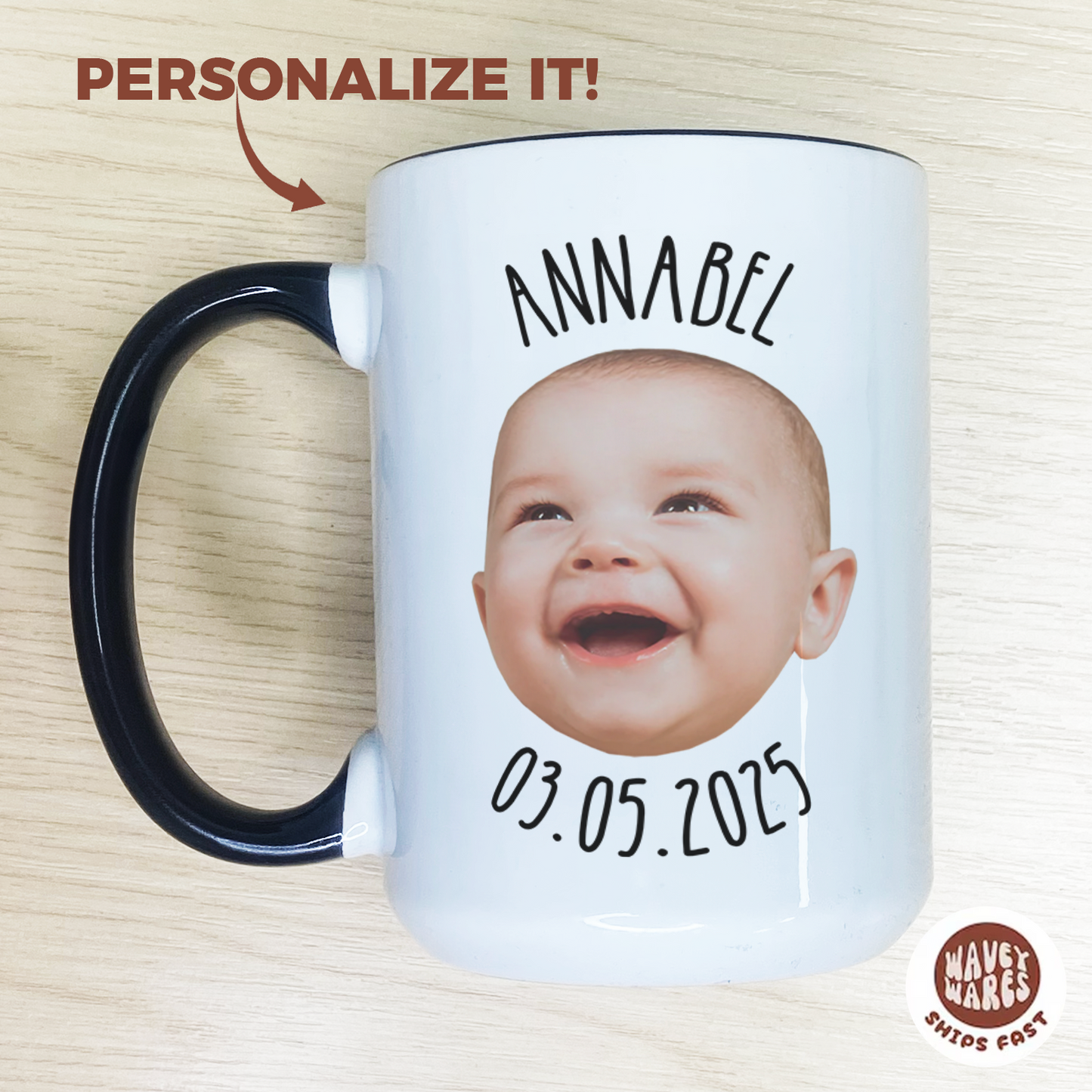 Personalized Baby Face, Name and Date Coffee Mug