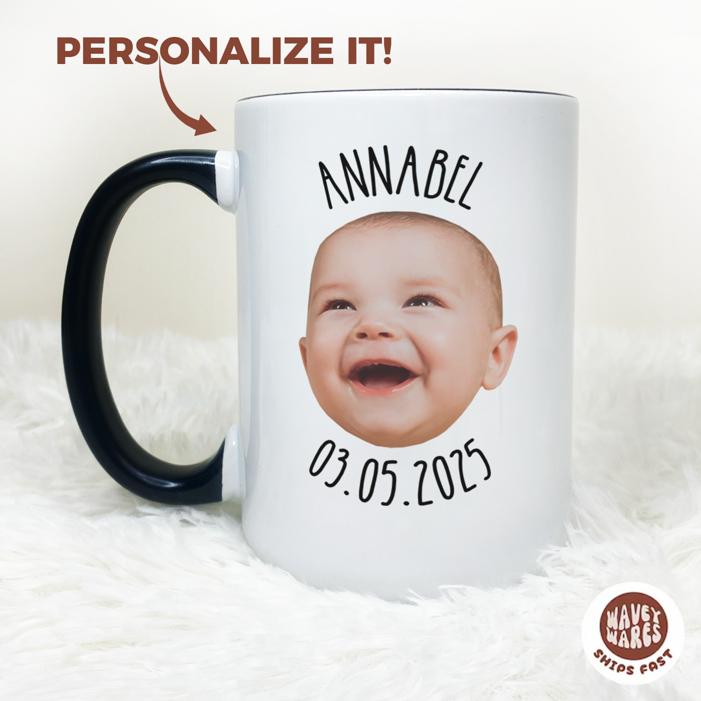Personalized Baby Face, Name and Date Coffee Mug