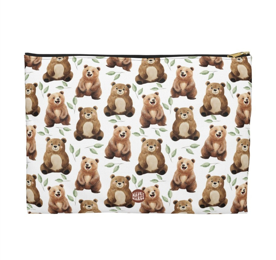 Cute Bears Pattern Flat white toiletry zip bag gift for Grizzly Bear fan Brown Lover furry animal enthusiast kids adorable aesthetic birthday secret santa Christmas travel makeup drugs storage case accessory pouch cosmetic pencil waveywares wavey wares wavywares wavy wares