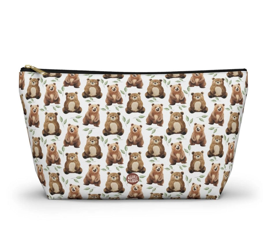 Cute Bears Pattern T Bottom white toiletry zip bag gift for Grizzly Bear fan Brown Lover furry animal enthusiast kids adorable aesthetic birthday secret santa Christmas travel makeup drugs storage case accessory pouch cosmetic pencil waveywares wavey wares wavywares wavy wares