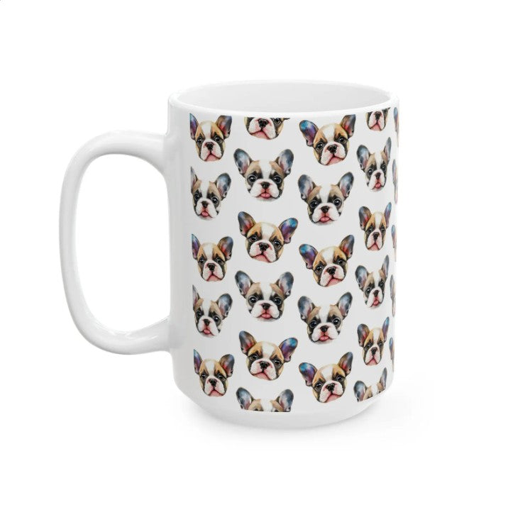 Cute Bulldog Watercolor Pattern 15oz white funny large coffee mug gift for Bull Dog Owner Lover Mom Dad Puppy pet birthday secret santa Christmas waveywares wavey wares wavywares wavy wares