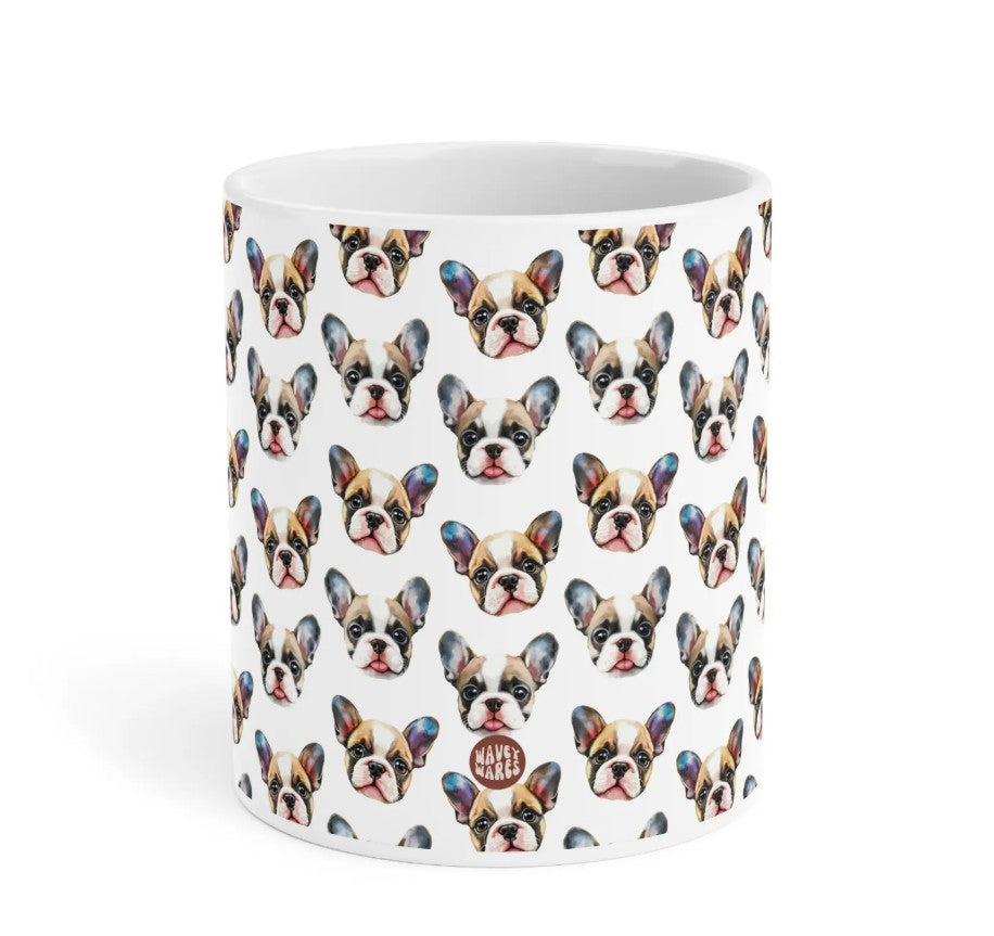 Cute Bulldog Watercolor Pattern 20oz white funny large coffee mug gift for Bull Dog Owner Lover Mom Dad Puppy pet birthday secret santa Christmas waveywares wavey wares wavywares wavy wares side