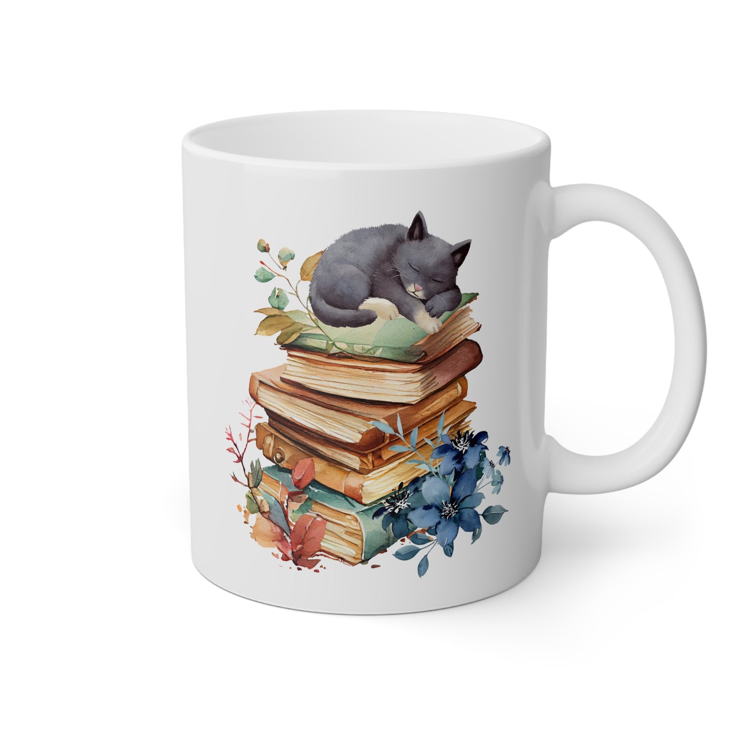 Cute Cat On Books 11oz white funny large coffee mug gift for fur mom book lover nerd bookworm reading birthday Christmas occasion waveywares wavey wares wavywares wavy wares
