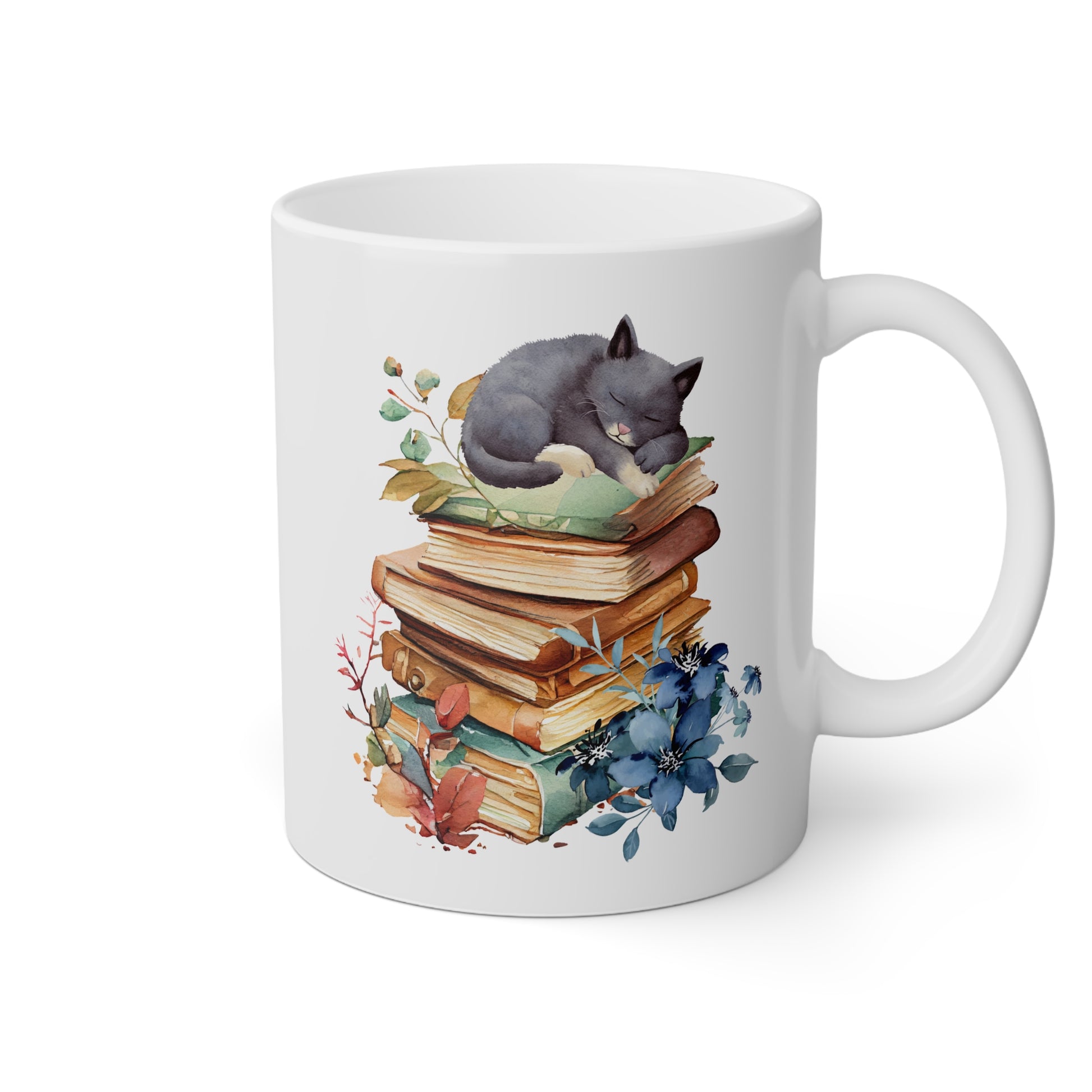 Cute Cat On Books 11oz white funny large coffee mug gift for fur mom book lover nerd bookworm reading birthday Christmas occasion waveywares wavey wares wavywares wavy wares