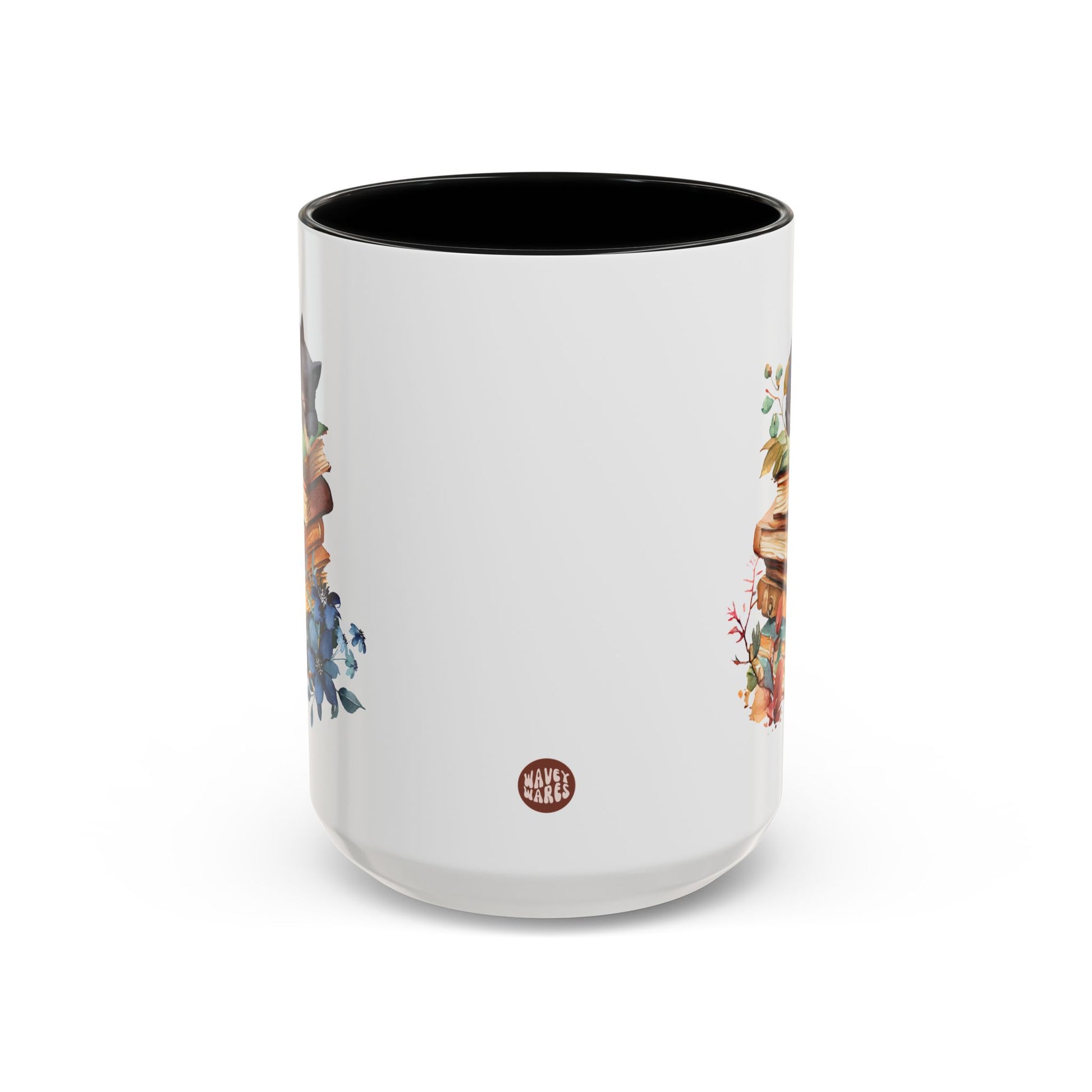 Cute Cat On Books 15oz white with black accent funny large coffee mug gift for fur mom book lover nerd bookworm reading birthday Christmas occasion waveywares wavey wares wavywares wavy wares  side