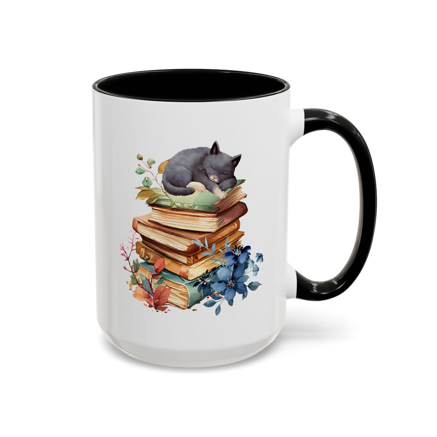 Cute Cat On Books 15oz white with black accent funny large coffee mug gift for fur mom book lover nerd bookworm reading birthday Christmas occasion waveywares wavey wares wavywares wavy wares