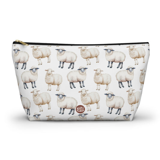 Cute Sheep Pattern T Bottom white travel zip bag gift for farm animal lover owner fleece wool fluffy aesthetic toiletry cosmetic drugs storage case accessory pouch makeup pencil waveywares wavey wares wavywares wavy wares