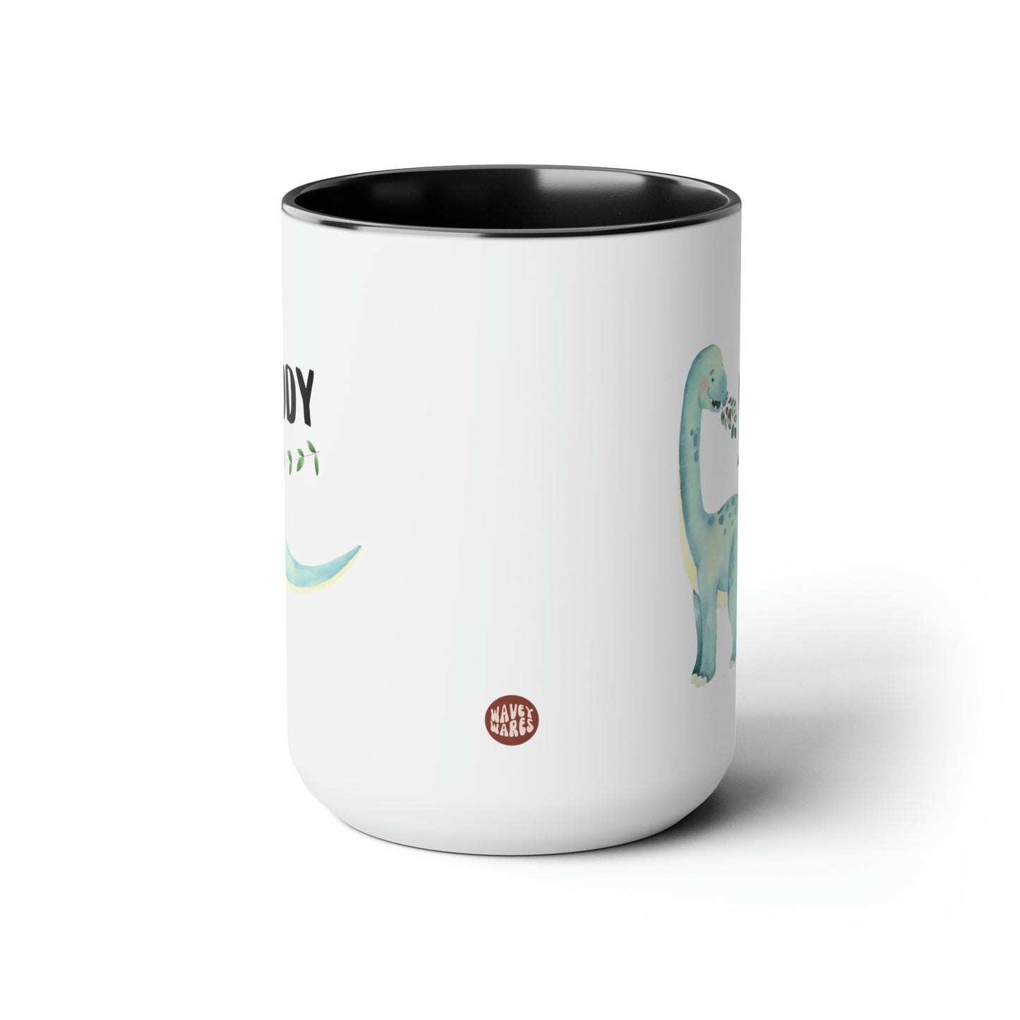 Dinosaur Name 15oz white with black accent funny large coffee mug gift for boys women mom kids customize personalize waveywares wavey wares wavywares wavy wares side