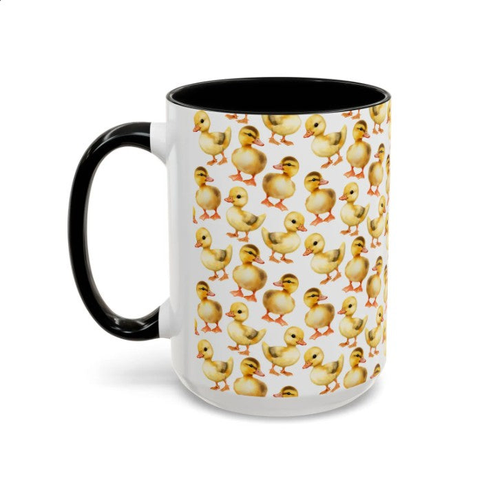Cute Duckling Watercolor Pattern 15oz white with black accent funny large coffee mug gift for yellow baby ducks Lover birds animal enthusiast adorable birthday secret santa Christmas waveywares wavey wares wavywares wavy wares