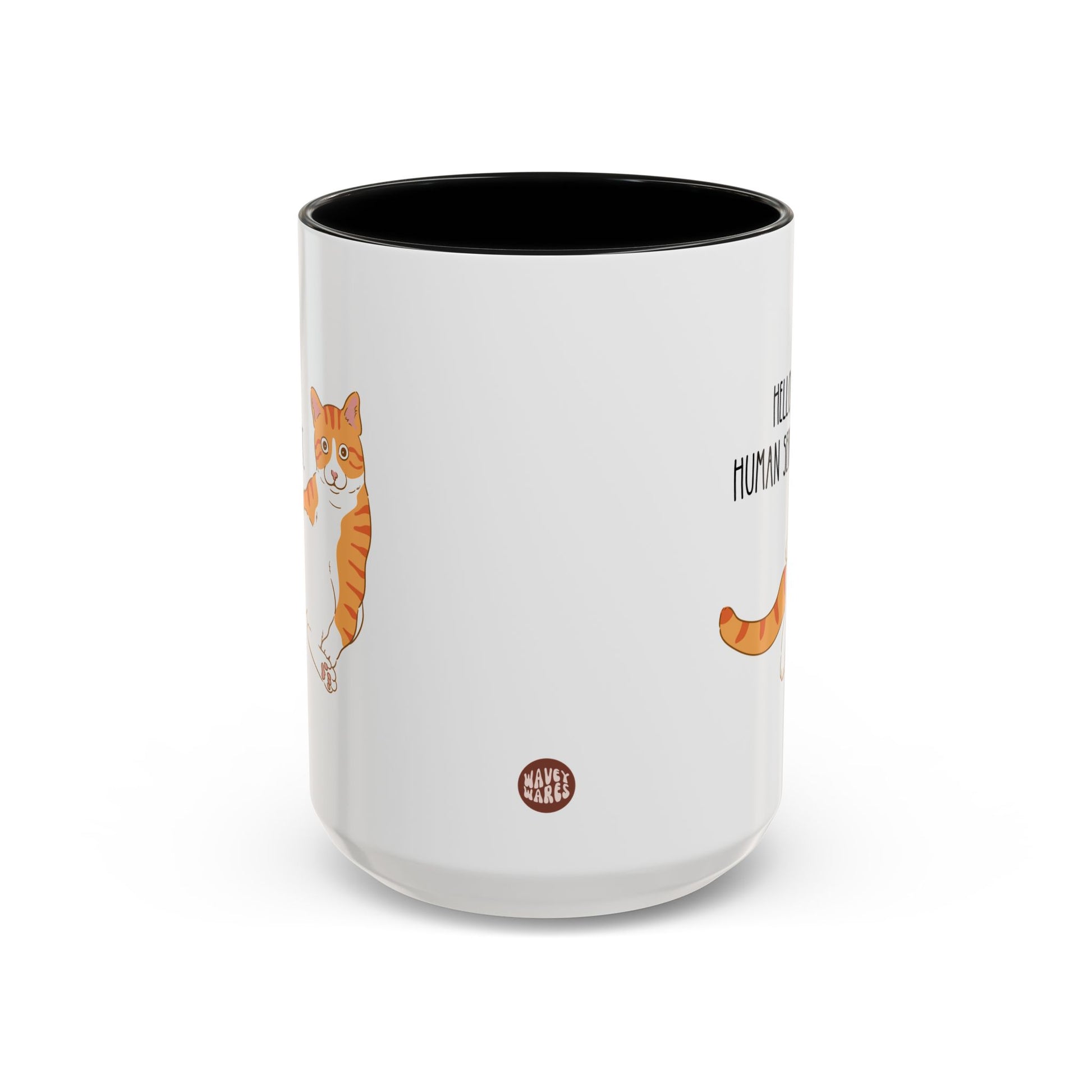 Hello Human Servant 15oz white with black accent funny large coffee mug gift for orange tabby ginger crazy cat lady mom dad owner pet him her waveywares wavey wares wavywares wavy wares side