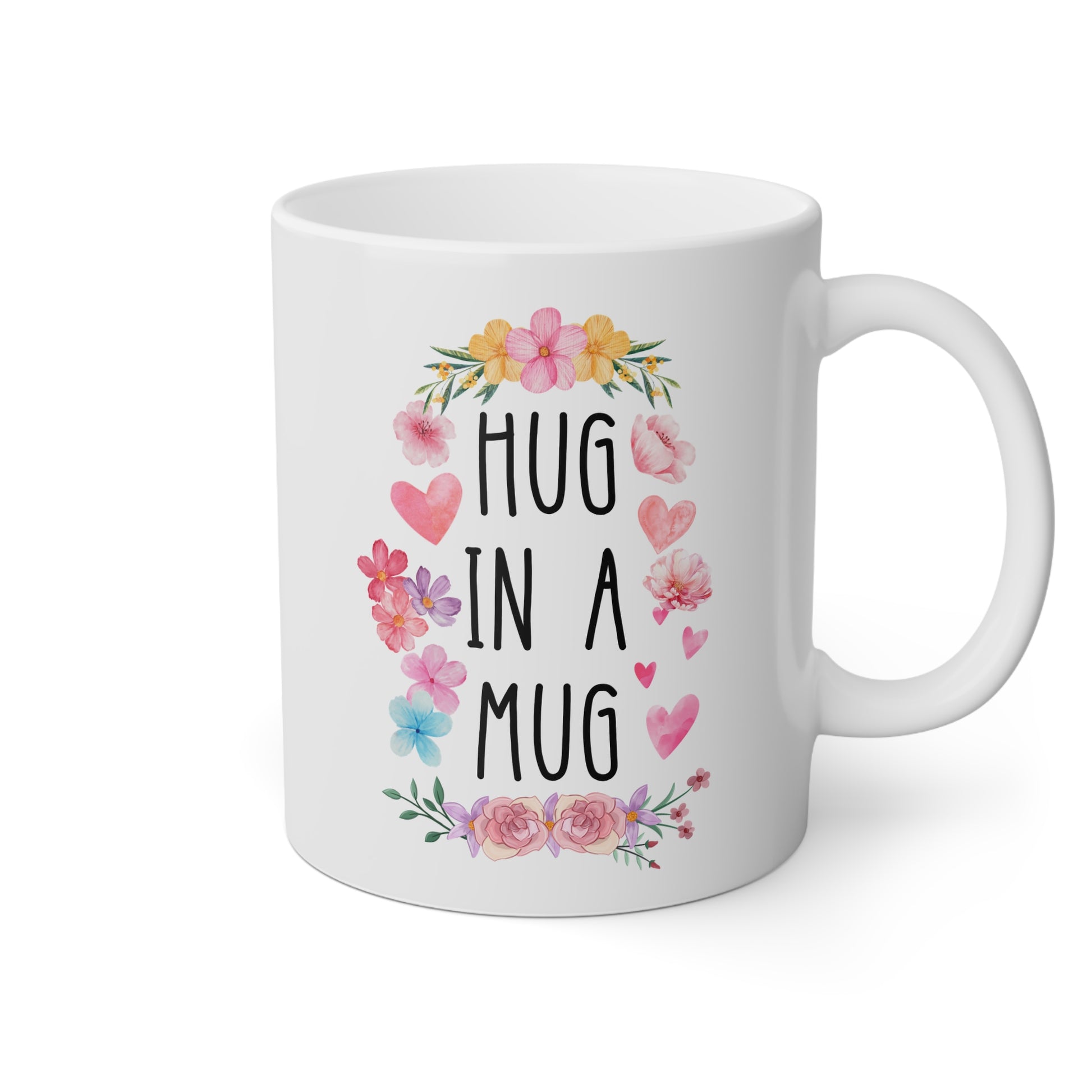 Hug in a Mug 11oz white funny large coffee mug gift for her comforting anxiety mental health hearts flowers uplifting encouraging pocket friend birthday Christmas occasion waveywares wavey wares wavywares wavy wares