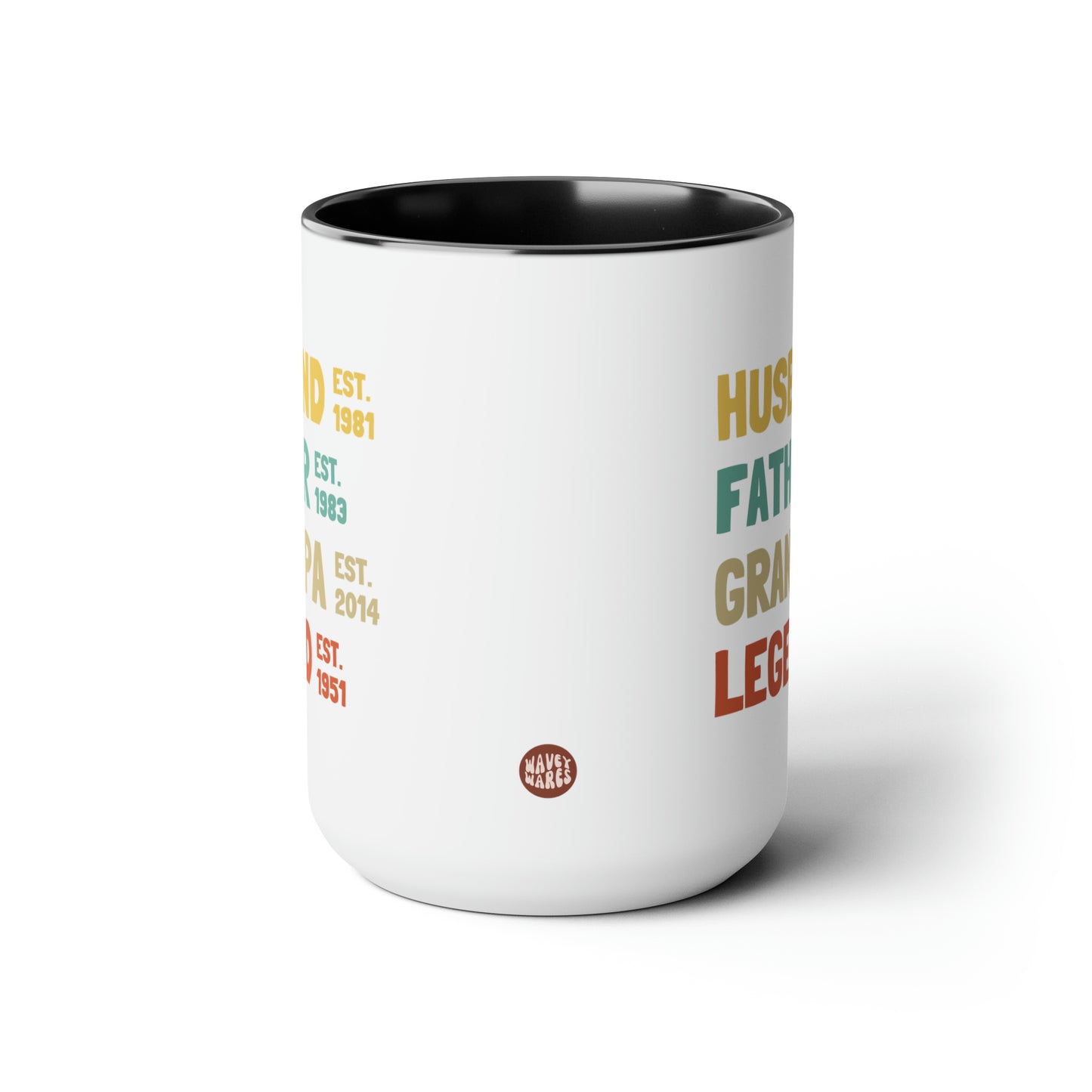 Husband Father Grandpa Legend 15oz white with black accent funny large coffee mug gift for dad fathers day birthday custom date personalize customize waveywares wavey wares wavywares wavy wares side
