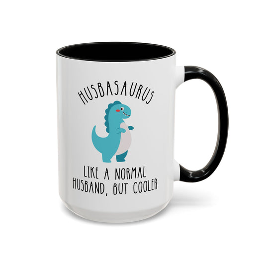Husbasaurus Like A Normal Husband But Cooler 15oz white with black accent funny large coffee mug gift for best hubby dinosaur dino lover anniversary birthday Christmas occasion waveywares wavey wares wavywares wavy wares cover