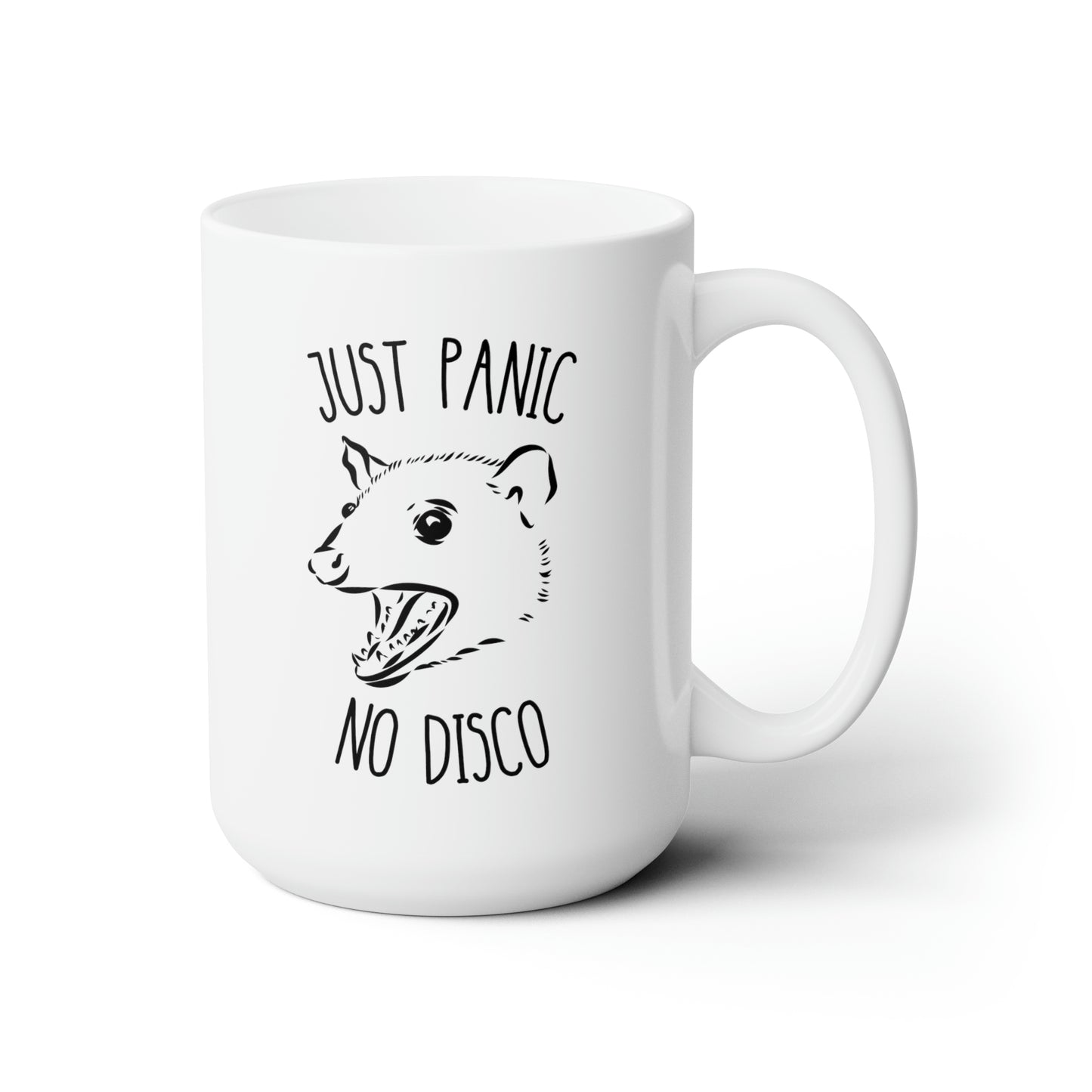 Just Panic No Disco 15oz white funny large coffee mug gift for her cute opossum meme possum lover mental health joke friend waveywares wavey wares wavywares wavy wares