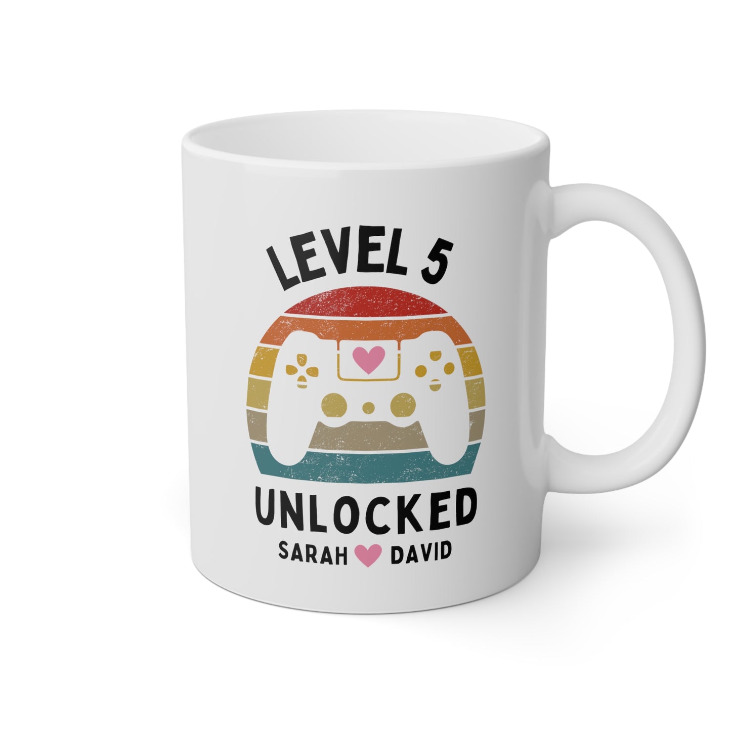 Level Unlocked 11oz white funny large coffee mug gift for husband wife wedding anniversary retro video game gamer custom date personalize customize waveywares wavey wares wavywares wavy wares