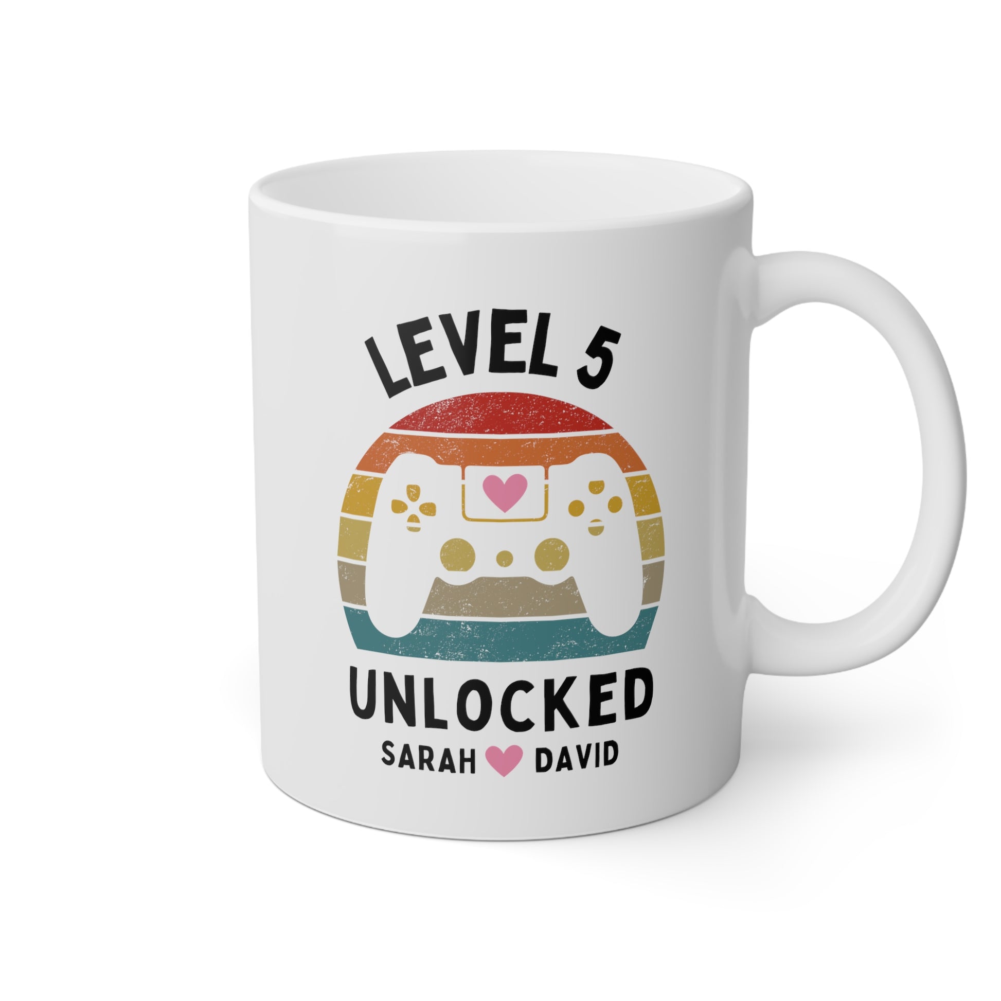 Level Unlocked 11oz white funny large coffee mug gift for husband wife wedding anniversary retro video game gamer custom date personalize customize waveywares wavey wares wavywares wavy wares