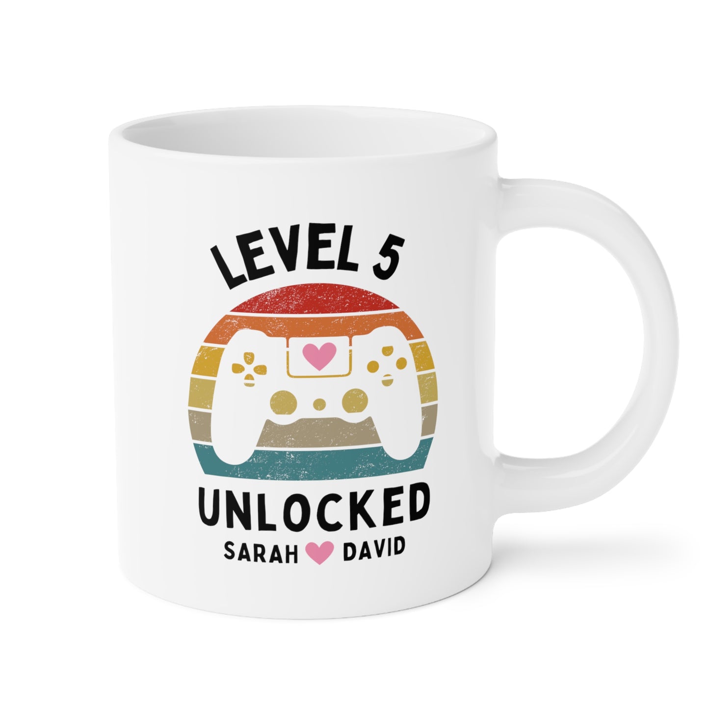 Level Unlocked 20oz white funny large coffee mug gift for husband wife wedding anniversary retro video game gamer custom date personalize customize waveywares wavey wares wavywares wavy wares