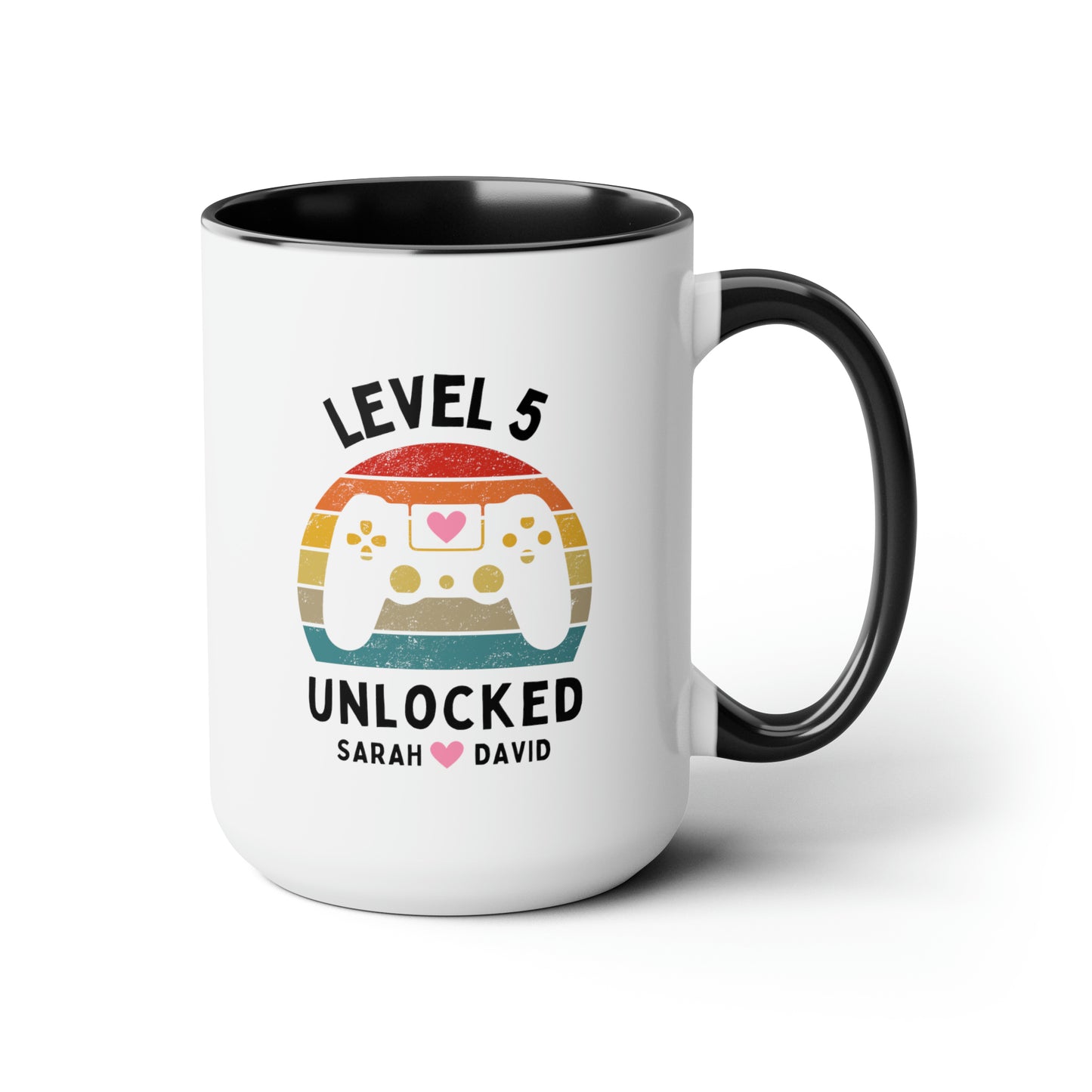 Level Unlocked 15oz white with black accent funny large coffee mug gift for husband wife wedding anniversary retro video game gamer custom date personalize customize waveywares wavey wares wavywares wavy wares