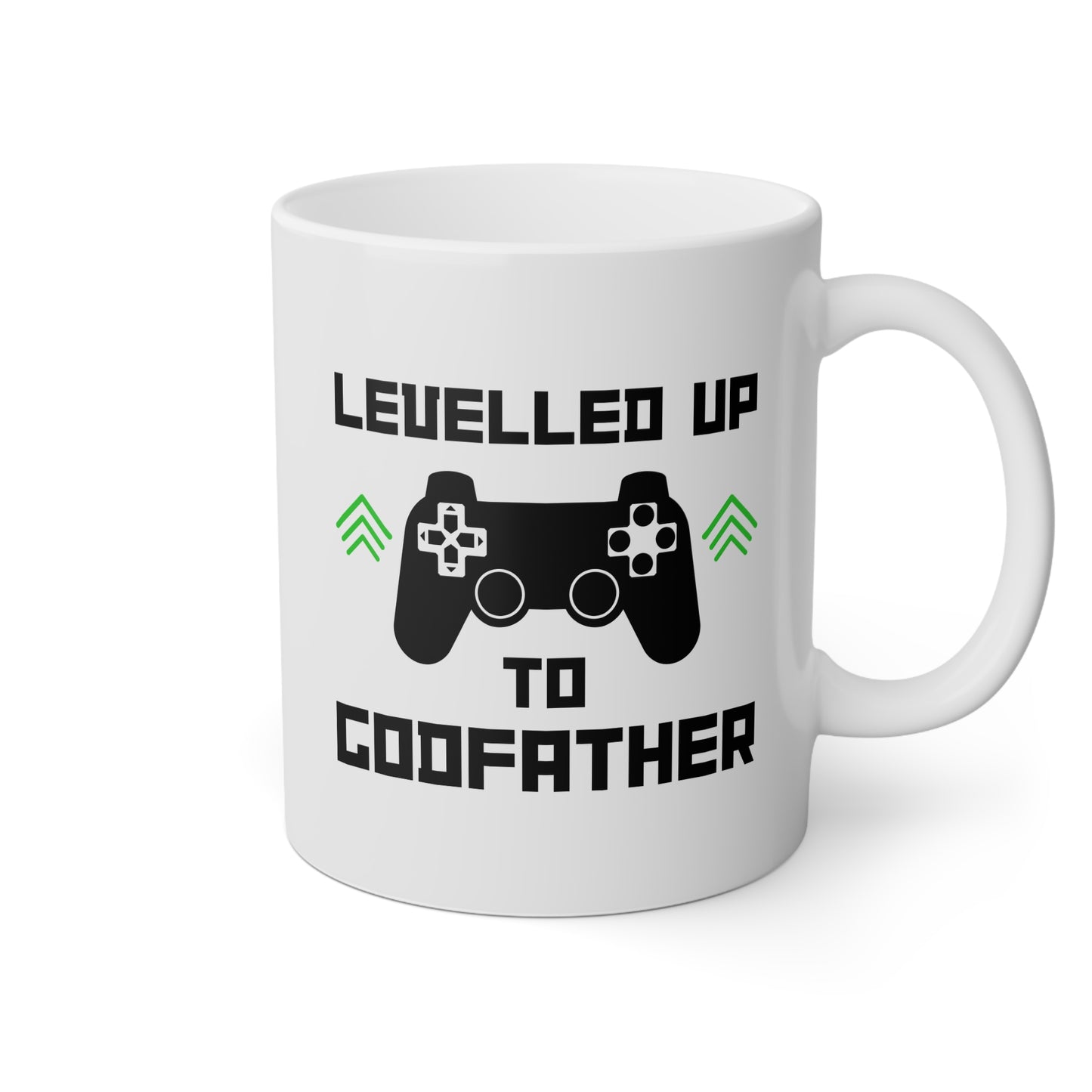 Levelled Up To Godfather 11oz white funny large coffee mug gift for new pregnancy announcement reveal to be birthday Christmas occasion waveywares wavey wares wavywares wavy wares