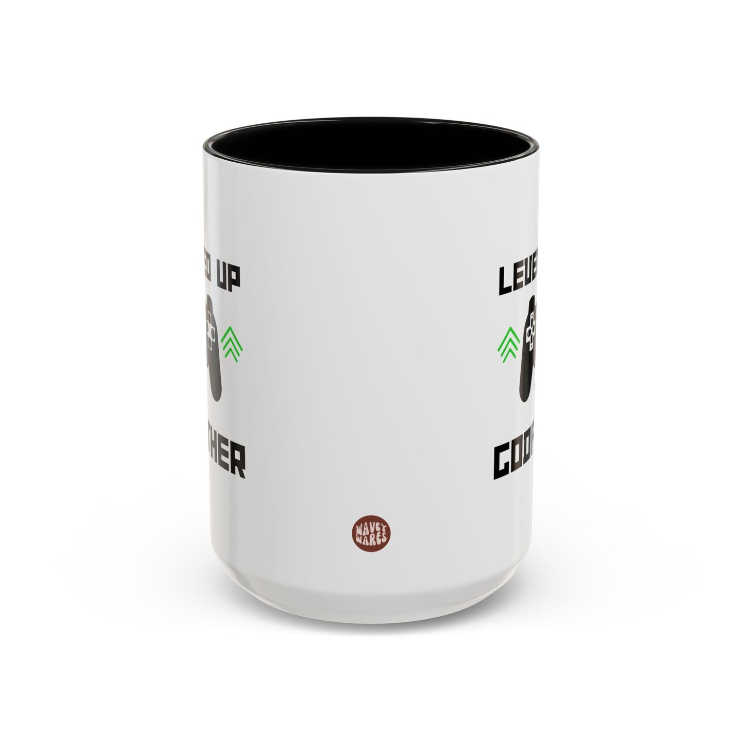Levelled Up To Godfather 15oz white with black accent funny large coffee mug gift for new pregnancy announcement reveal to be birthday Christmas occasion waveywares wavey wares wavywares wavy wares side