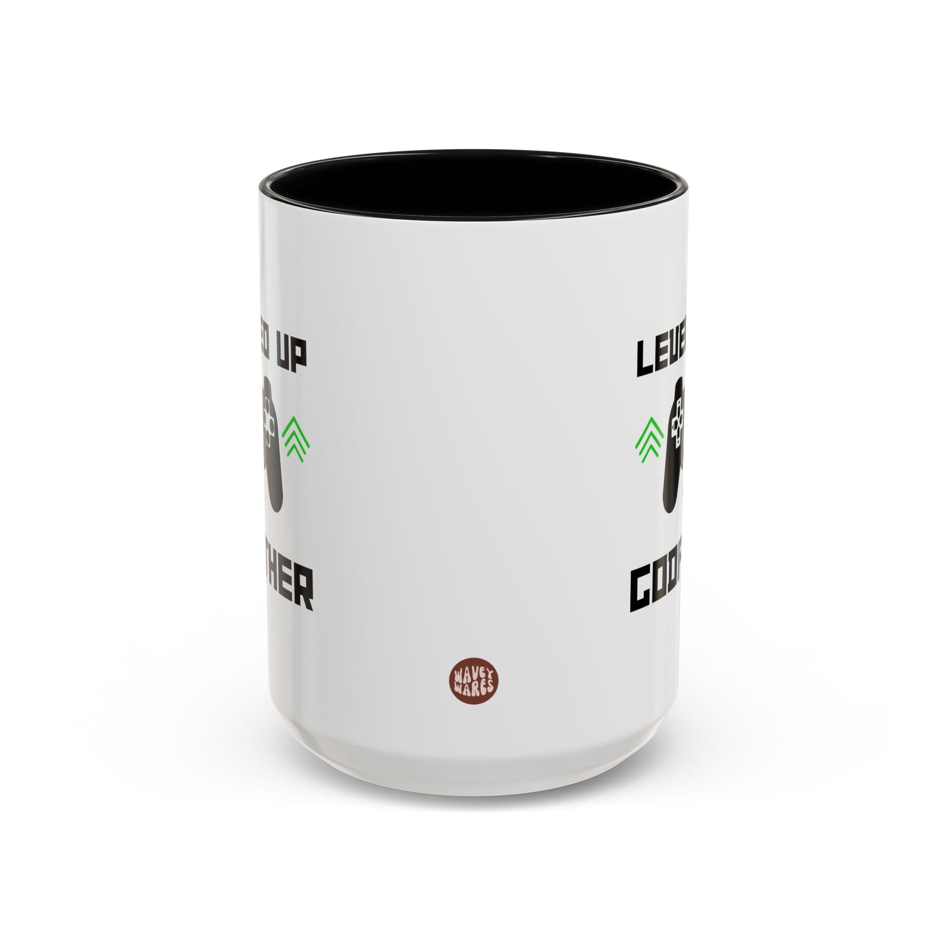 Levelled Up To Godfather 15oz white with black accent funny large coffee mug gift for new pregnancy announcement reveal to be birthday Christmas occasion waveywares wavey wares wavywares wavy wares side