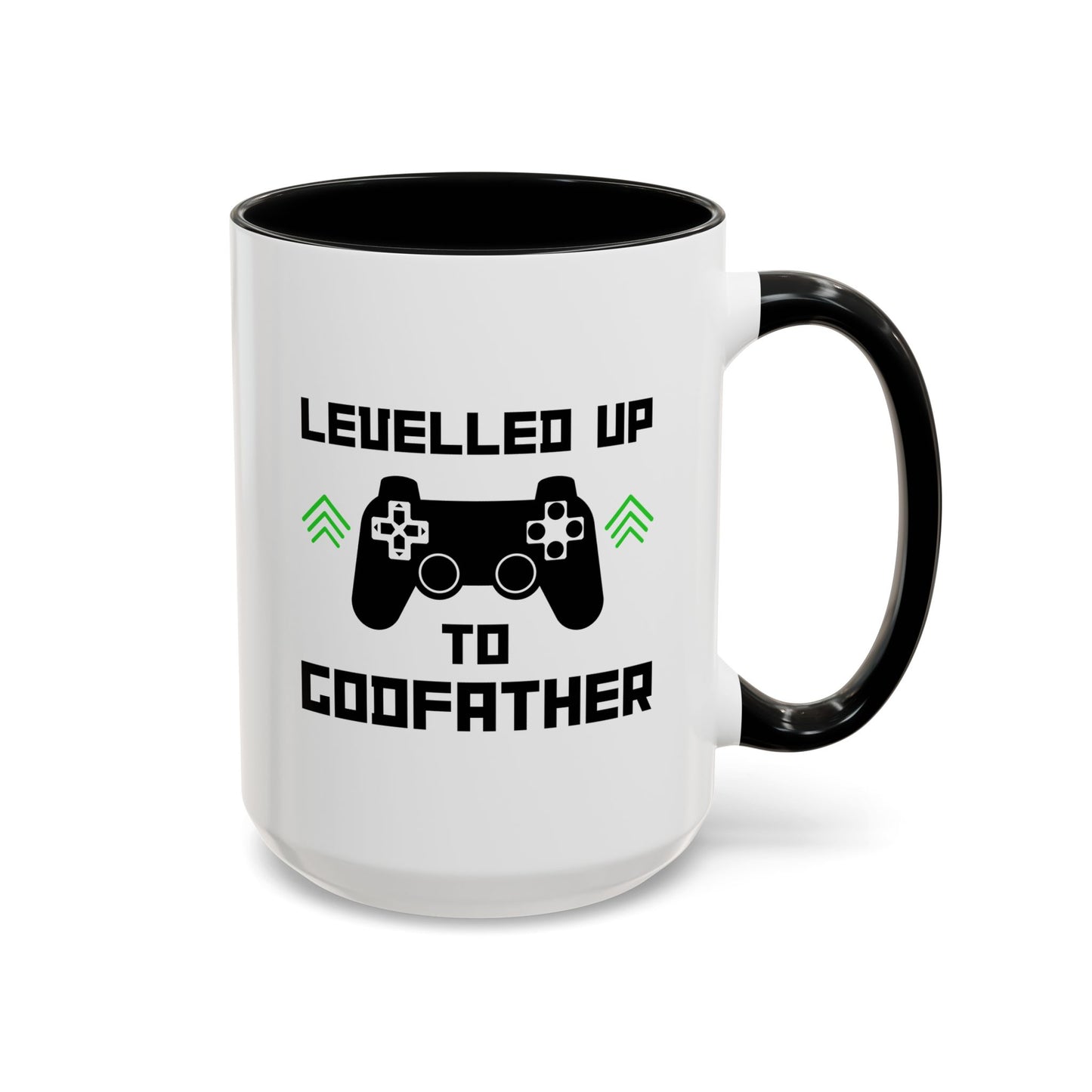Levelled Up To Godfather 15oz white with black accent funny large coffee mug gift for new pregnancy announcement reveal to be birthday Christmas occasion waveywares wavey wares wavywares wavy wares