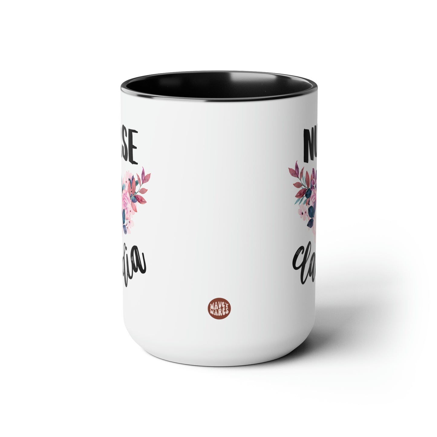 Nurse Name 15oz white with black accent funny large coffee mug gift for registered nurse RN custom personalized appreciation waveywares wavey wares wavywares wavy wares side