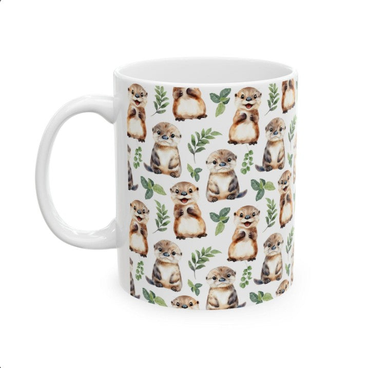 Cute Otters Watercolor Pattern 11oz white funny large coffee mug gift for otter lover animal enthusiast adorable kids birthday secret santa Christmas waveywares wavey wares wavywares wavy wares