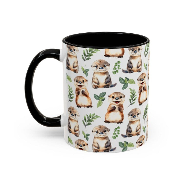 Cute Otters Watercolor Pattern 11oz white with black accent funny large coffee mug gift for otter lover animal enthusiast adorable kids birthday secret santa Christmas waveywares wavey wares wavywares wavy wares