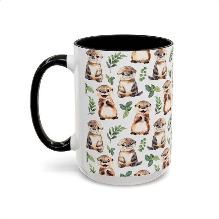 Cute Otters Watercolor Pattern 15oz white with black accent funny large coffee mug gift for otter lover animal enthusiast adorable kids birthday secret santa Christmas waveywares wavey wares wavywares wavy wares