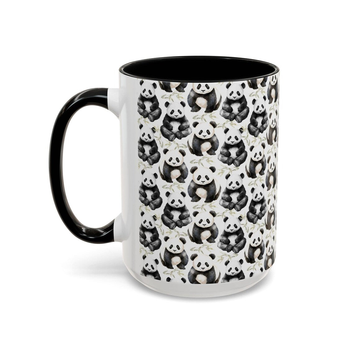 Cute Pandas Watercolor Pattern 15oz white with black accent funny large coffee mug gift for baby panda lover bamboo big animal aesthetic birthday secret santa Christmas waveywares wavey wares wavywares wavy wares