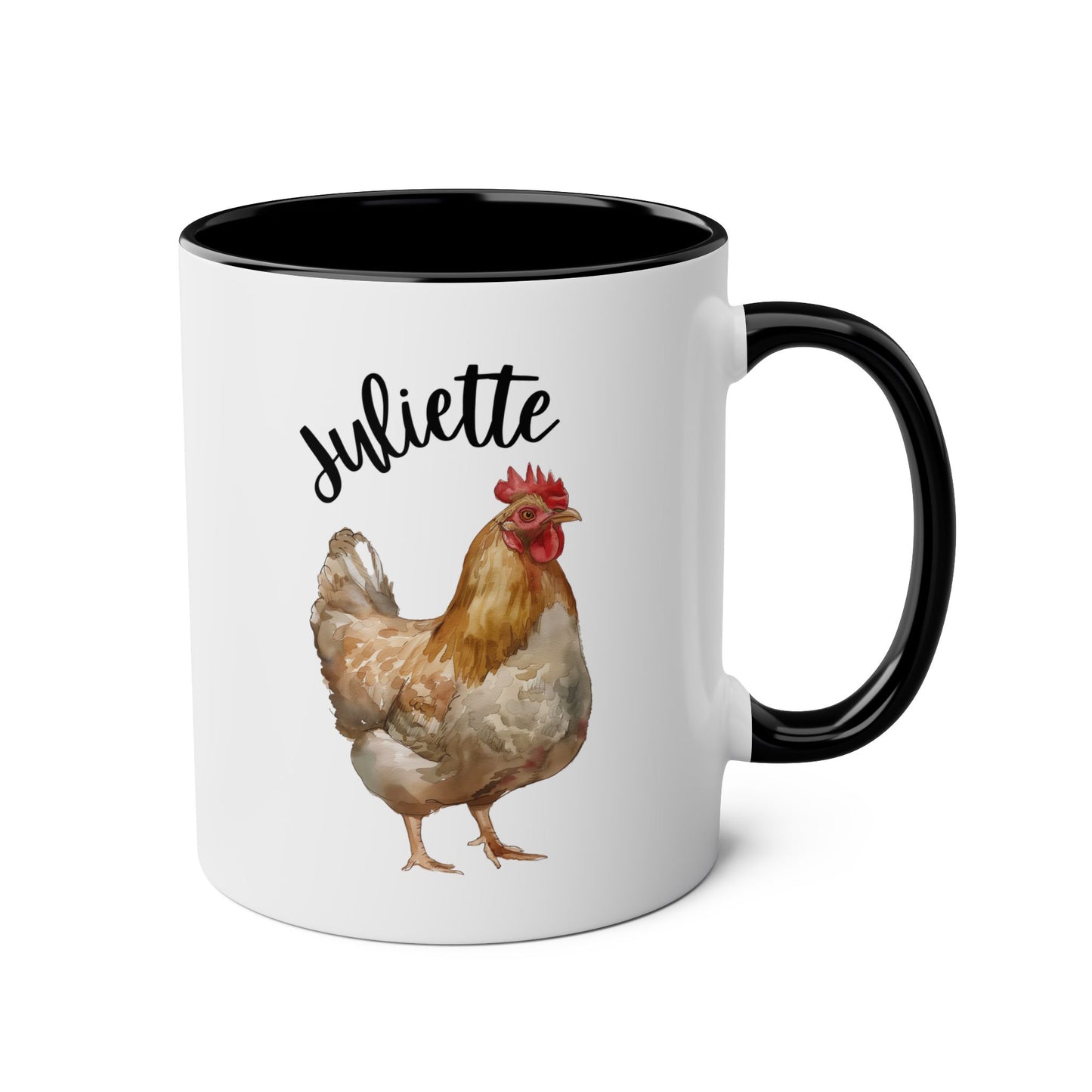 Personalized Chicken Name 11oz white with black accent funny large coffee mug gift for lady mom lover birthday custom name customize poultry bird waveywares wavey wares wavywares wavy wares