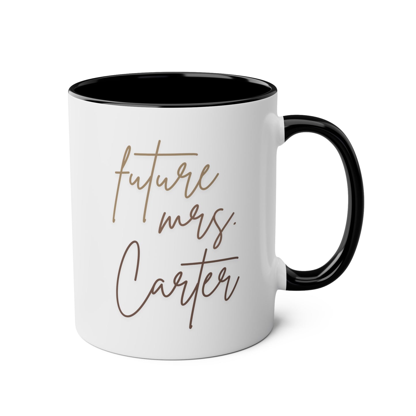 Personalized Future Mrs 11oz white with black accent funny coffee mug tea cup gift for bride to be engagement engaged custom name customized waveywares wavey wares wavywares wavy wares
