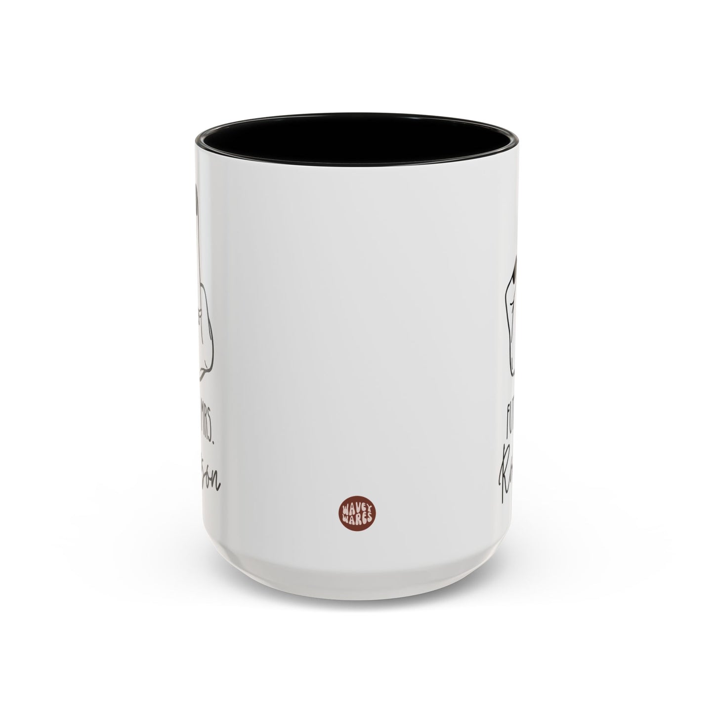 Personalized Future Mrs. ring finger design 15oz white with black accent funny large coffee mug gift for bridal shower bride to be diamond ring engagement Memento Couple wedding custom name customize birthday Christmas occasion waveywares wavey wares wavywares wavy wares side