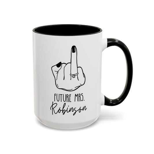 Personalized Future Mrs. ring finger design 15oz white with black accent funny large coffee mug gift for bridal shower bride to be diamond ring engagement Memento Couple wedding custom name customize birthday Christmas occasion waveywares wavey wares wavywares wavy wares cover