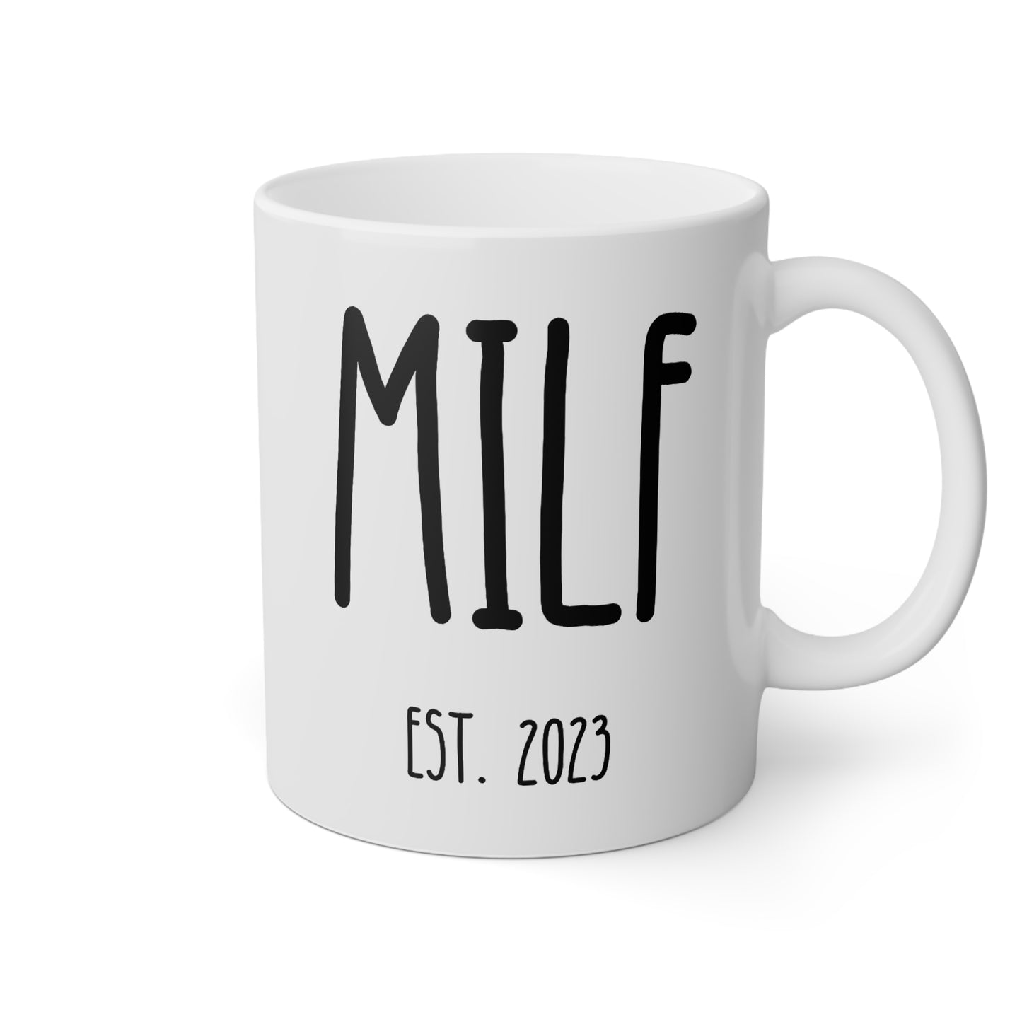 Personalized MILF Est 11oz white funny large coffee mug gift for pregnancy announcement new mom expecting mother's day first time baby shower custom date customized birthday christmas waveywares wavey wares wavywares wavy wares