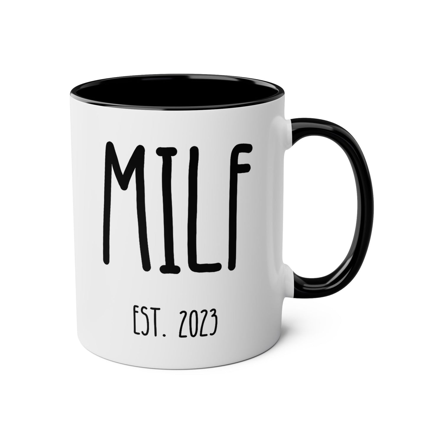 Personalized MILF Est 11oz white with black accent funny large coffee mug gift for pregnancy announcement new mom expecting mother's day first time baby shower custom date customized birthday christmas waveywares wavey wares wavywares wavy wares