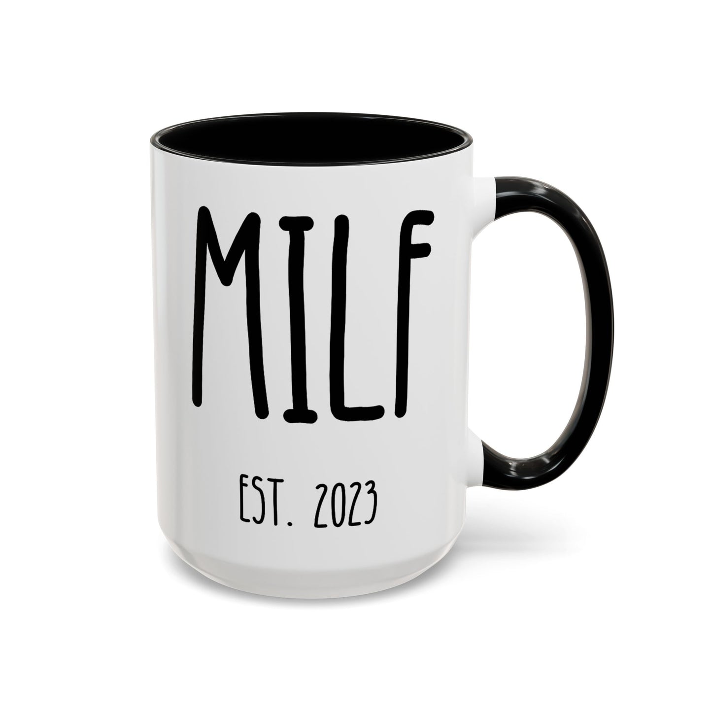 Personalized MILF Est 15oz white with black accent funny large coffee mug gift for pregnancy announcement new mom expecting mother's day first time baby shower custom date customized birthday christmas waveywares wavey wares wavywares wavy wares cover