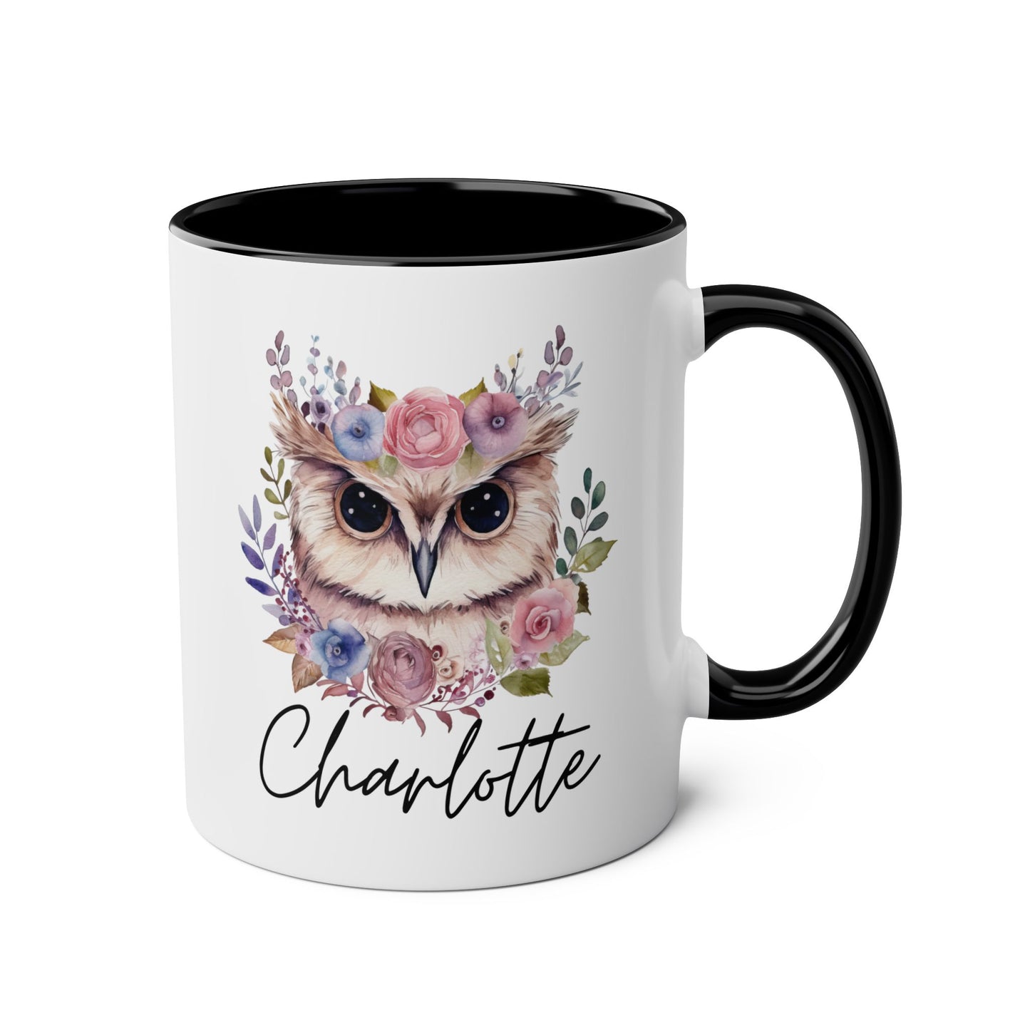 Personalized Owl Name 11oz white with black accent funny large coffee mug gift for nocturnal bird lover women her custom customized name birthday Christmas occasion waveywares wavey wares wavywares wavy wares