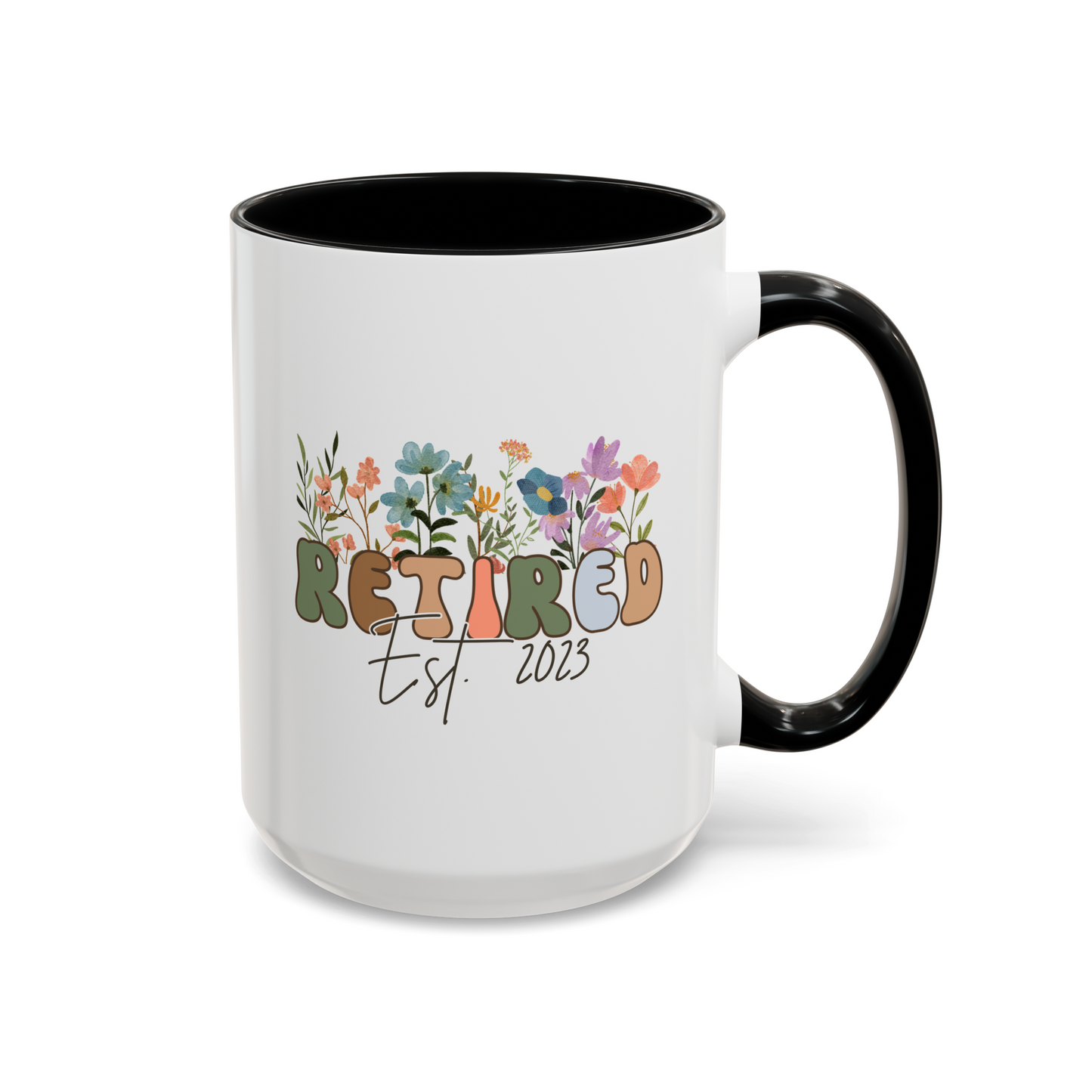 Personalized Retired Est 15oz white with black accent funny large coffee mug gift for retirement women teacher grandma grandpa retiree custom year customize flowers design waveywares wavey wares wavywares wavy wares