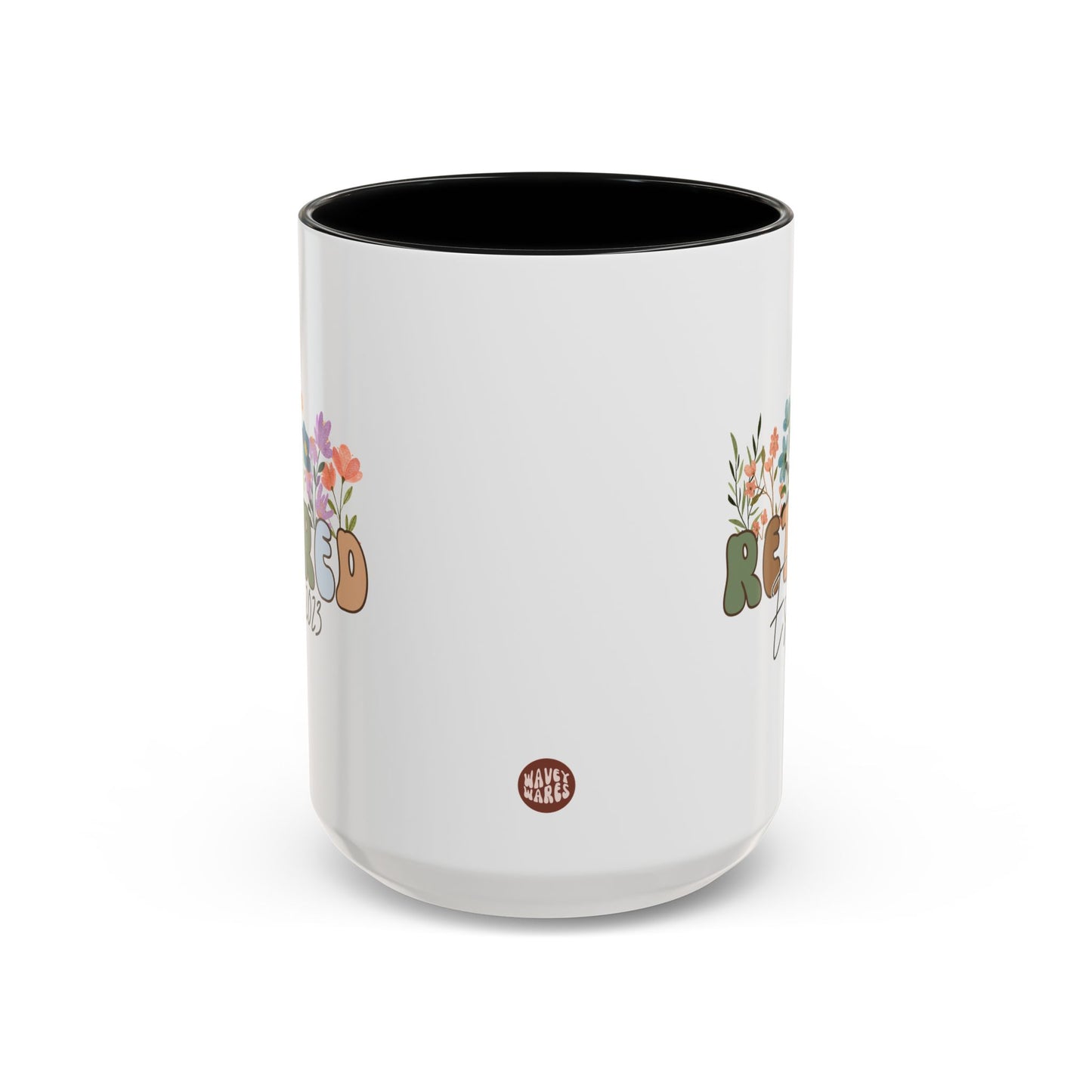 Personalized Retired Est 15oz white with black accent funny large coffee mug gift for retirement women teacher grandma grandpa retiree custom year customize flowers design waveywares wavey wares wavywares wavy wares side
