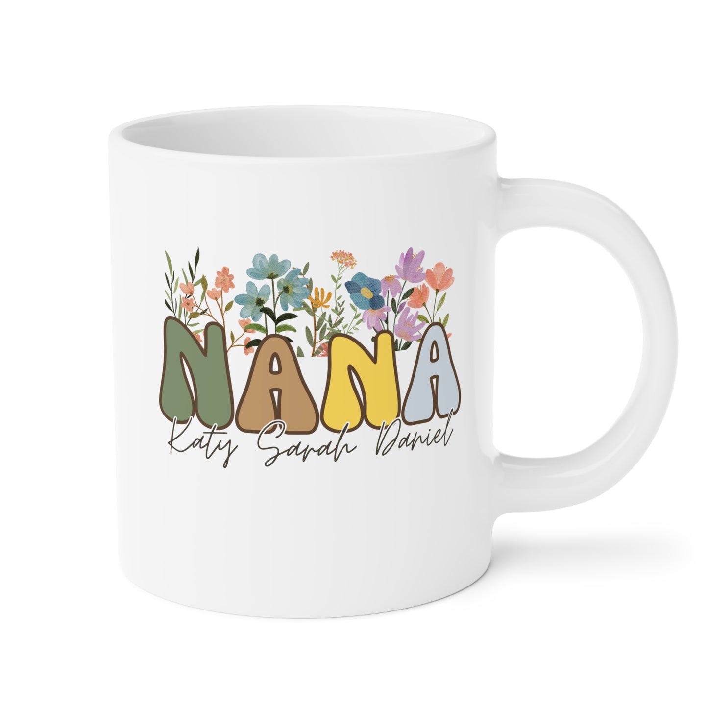Personalized Retro Nana 20oz white funny large coffee mug gift for custom wildflowers grandkids names customize grandma mother's day grandmother waveywares wavey wares wavywares wavy wares