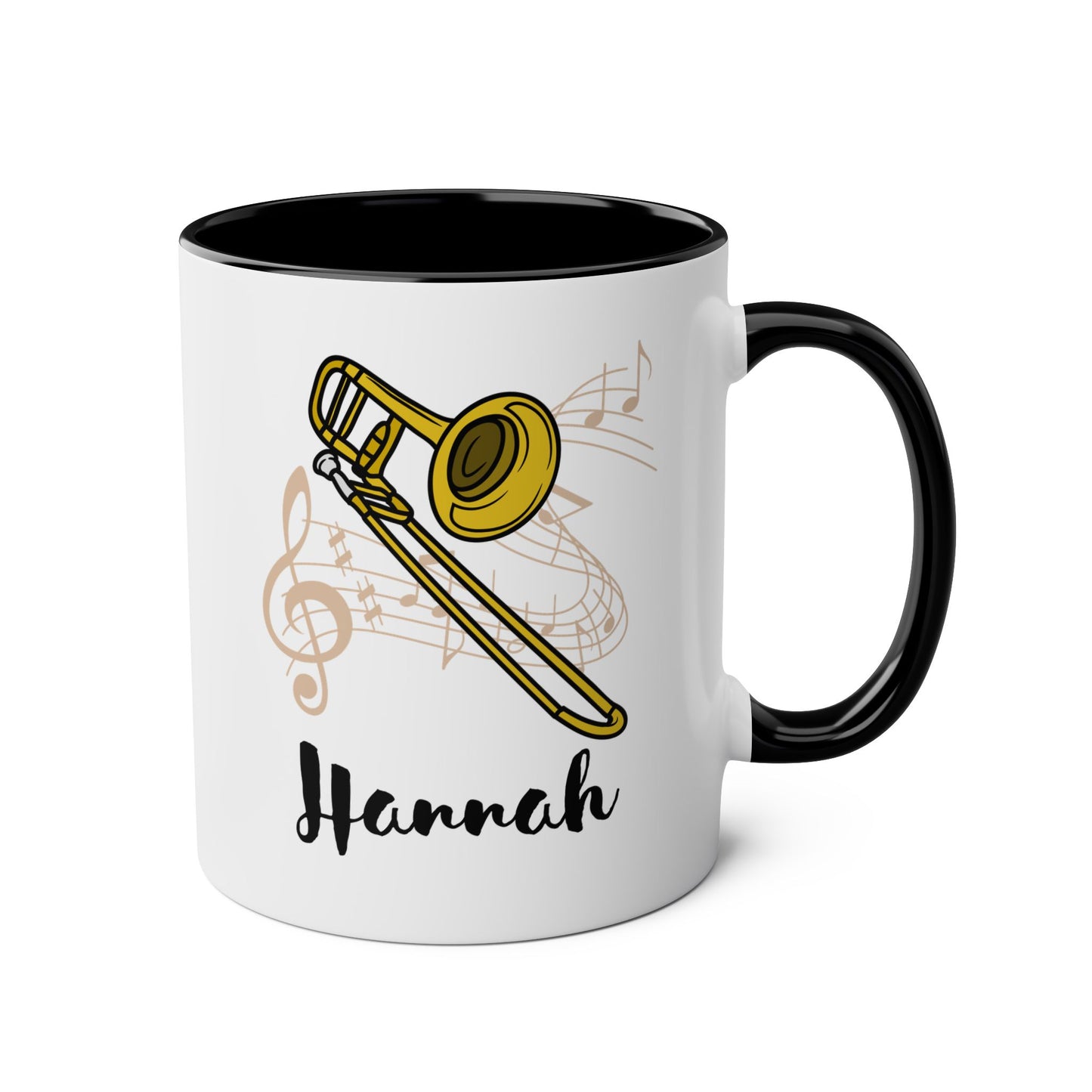 Personalized Trombone Name 11oz white with black accent funny large coffee mug gift for trombonist player lover horn instrument custom customize birthday Christmas occasion waveywares wavey wares wavywares wavy wares