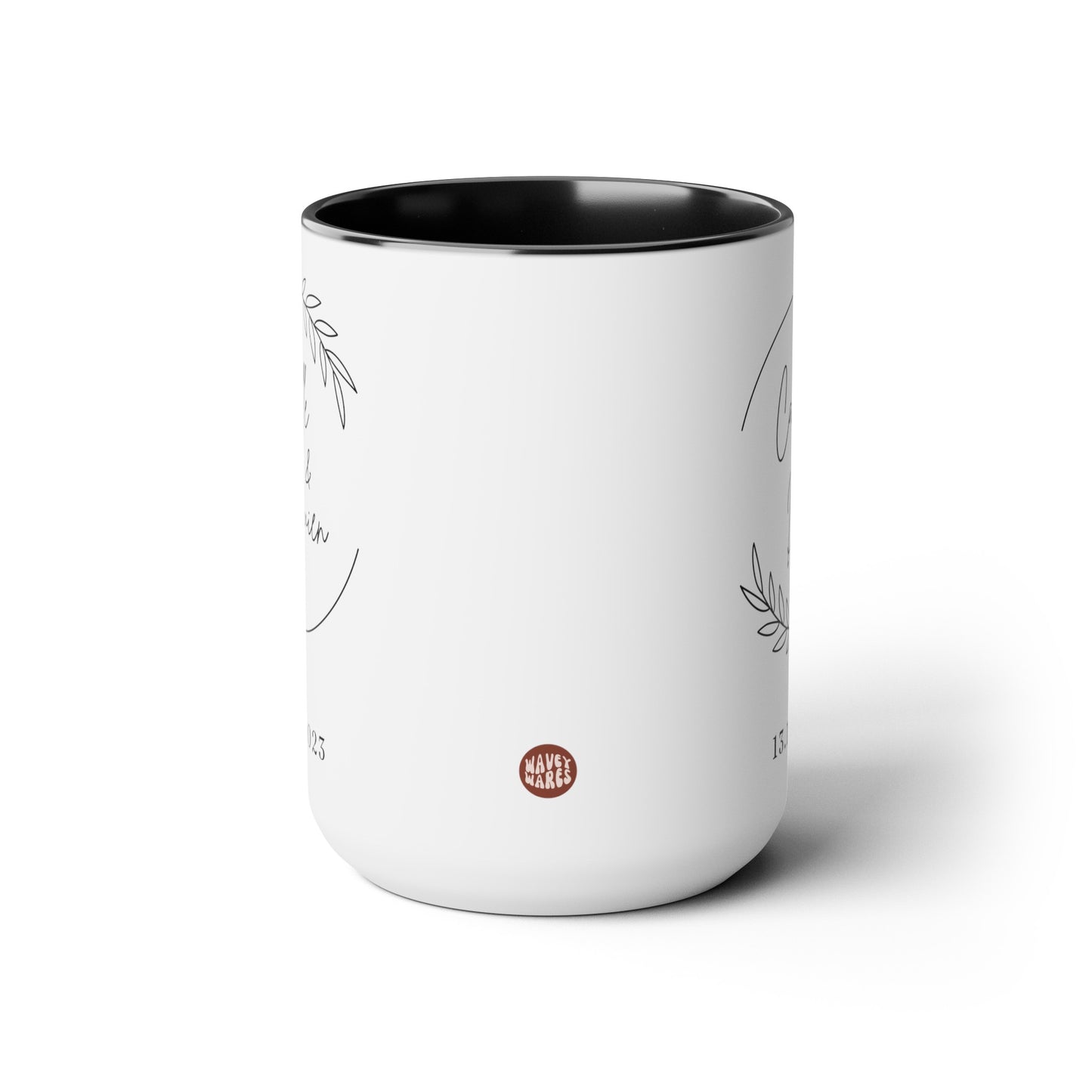 Personalized Wedding Name 15oz white with black accent large big funny coffee mug tea cup gift for lantern wedding wreath date anniversary valentine's day bridal shower custom customized waveywares wavey wares wavywares wavy wares side