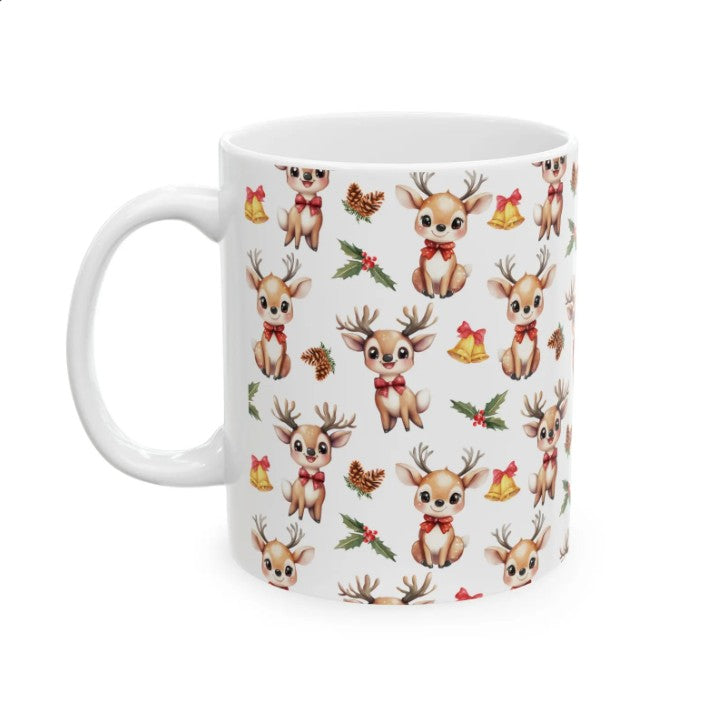 Cute Reindeer Watercolor Pattern 11oz white funny large coffee mug gift for rein deer lover animal enthusiast adorable kids birthday secret santa Christmas waveywares wavey wares wavywares wavy wares