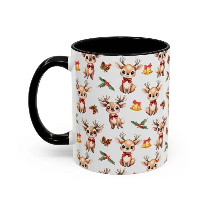 Cute Reindeer Watercolor Pattern 11oz white with black accent funny large coffee mug gift for rein deer lover animal enthusiast adorable kids birthday secret santa Christmas waveywares wavey wares wavywares wavy wares