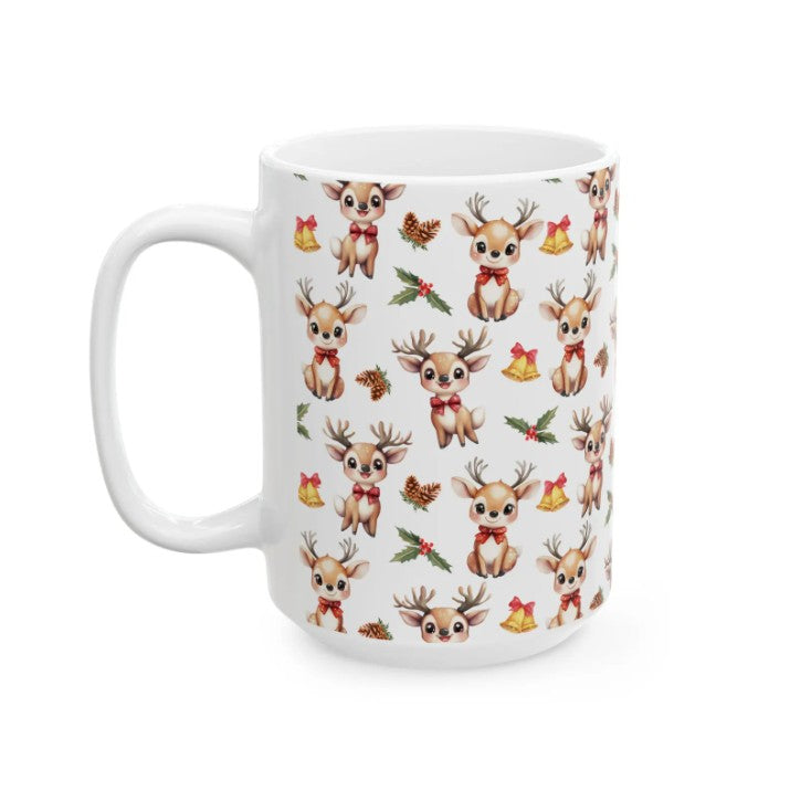 Cute Reindeer Watercolor Pattern 15oz white funny large coffee mug gift for rein deer lover animal enthusiast adorable kids birthday secret santa Christmas waveywares wavey wares wavywares wavy wares