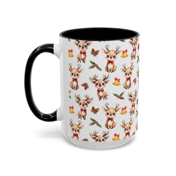 Cute Reindeer Watercolor Pattern 15oz white with black accent funny large coffee mug gift for rein deer lover animal enthusiast adorable kids birthday secret santa Christmas waveywares wavey wares wavywares wavy wares