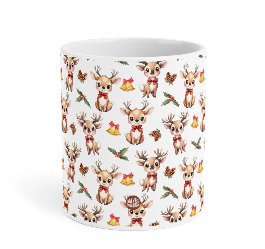 Cute Reindeer Watercolor Pattern 20oz white funny large coffee mug gift for rein deer lover animal enthusiast adorable kids birthday secret santa Christmas waveywares wavey wares wavywares wavy wares side