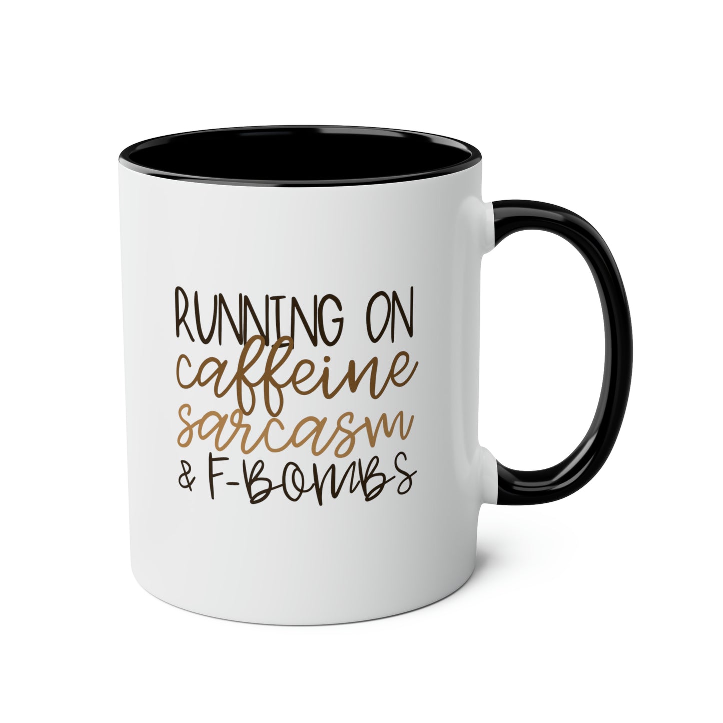 Running On Caffeine Sarcasm and F-Bombs 11oz white with black accent funny large coffee mug gift for friend sarcastic cuss word curse coffee lover waveywares wavey wares wavywares wavy wares